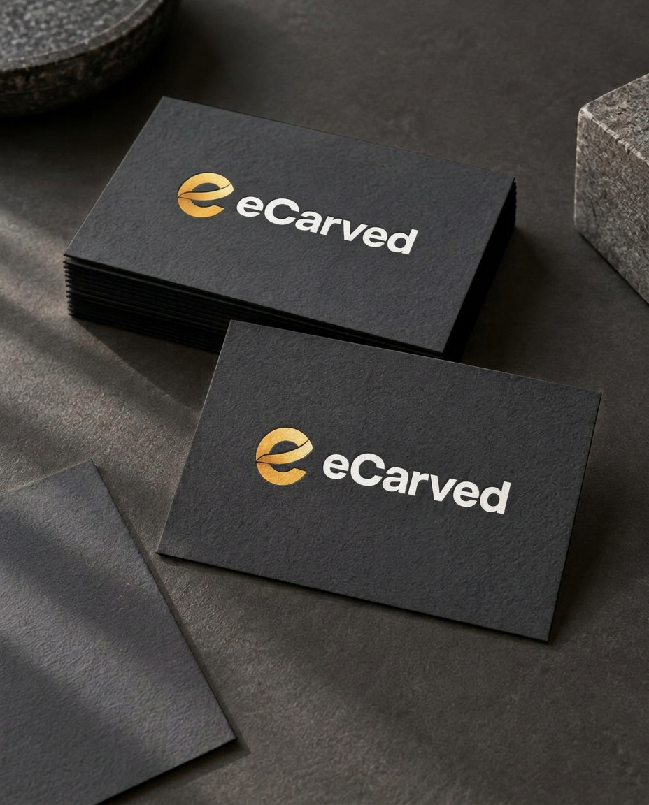 eCarved business card concept with textured charcoal paper and a gold logo