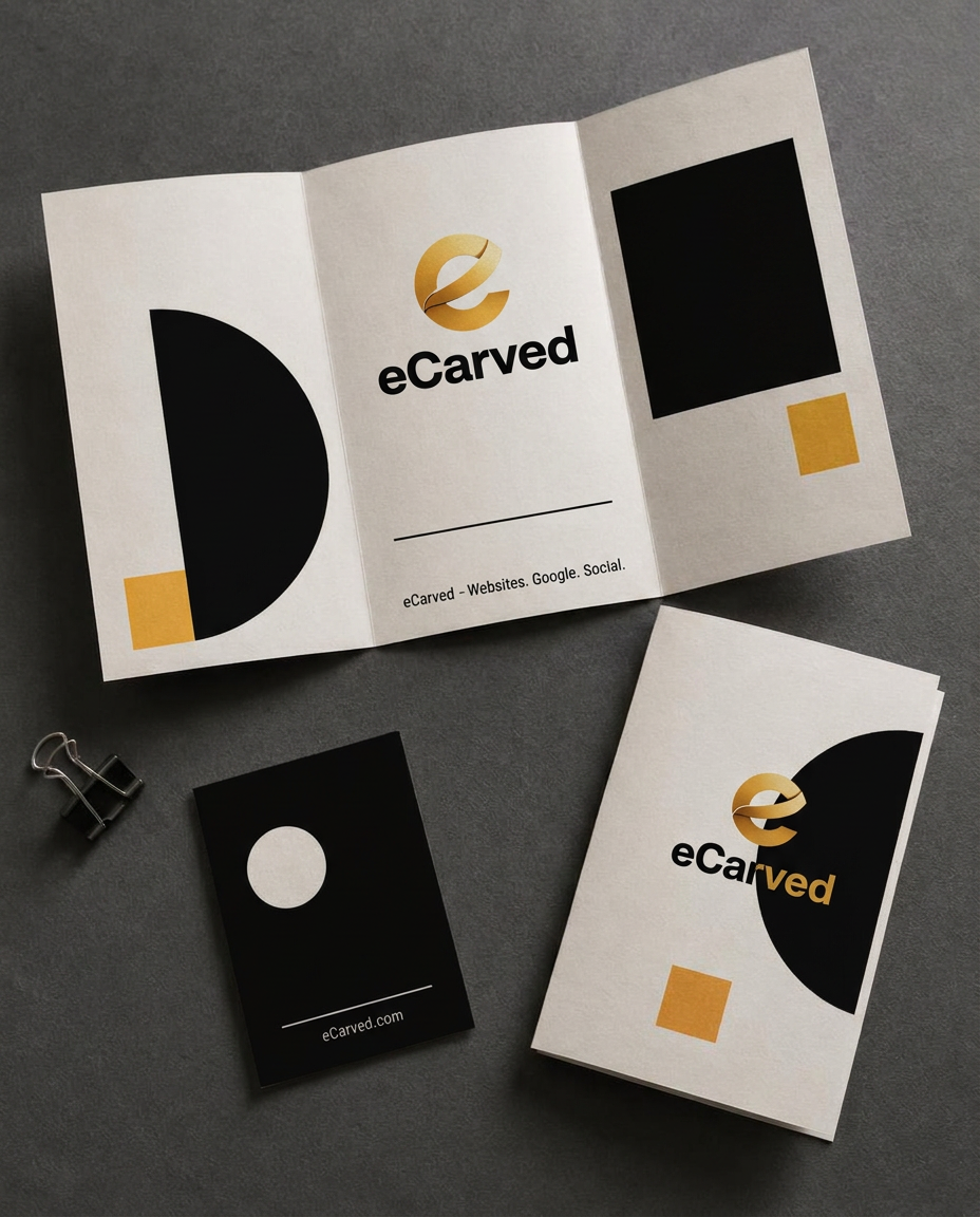 eCarved brochure and flyer concepts in charcoal, off-white and gold